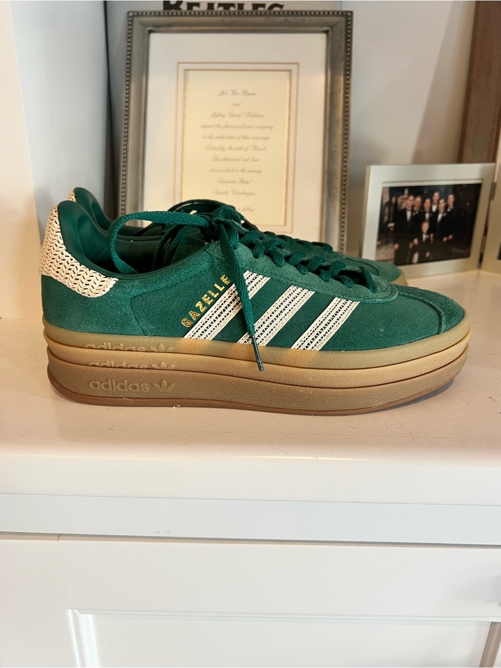 adidas Green Suede Platform Gazelle Sneakers with White Stripes